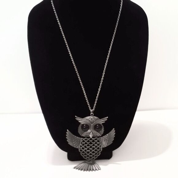 Large Open Wing Pewter Articulated Owl Vintage Pendant Necklace * - Picture 2 of 7
